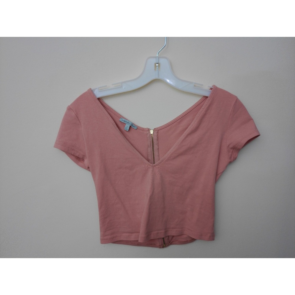 Charlotte Russe Crop Top Womens Pink Size S Short Sleeve V-Neck Full Zip Shirt